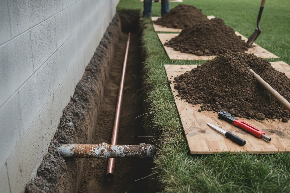 Excavated water line trench during Sewer Line Repair in Stanwood